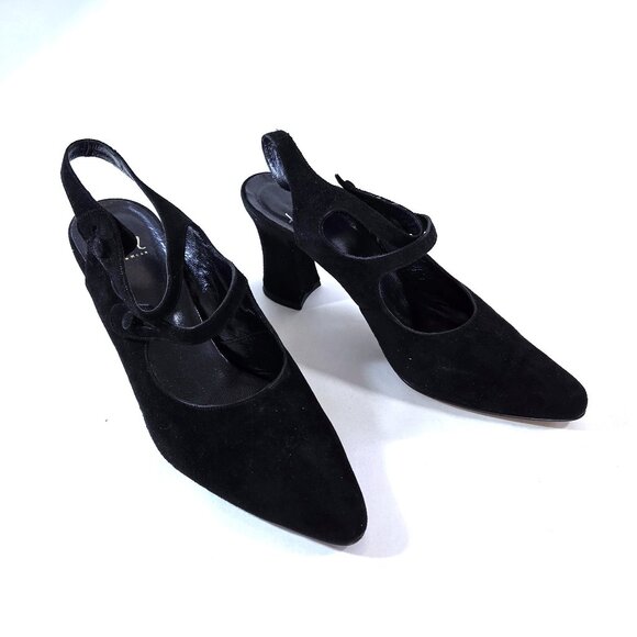 Vintage Thom McAn Black Suede Leather Mary Jane Heels Size 39 - Picture 1 of 5